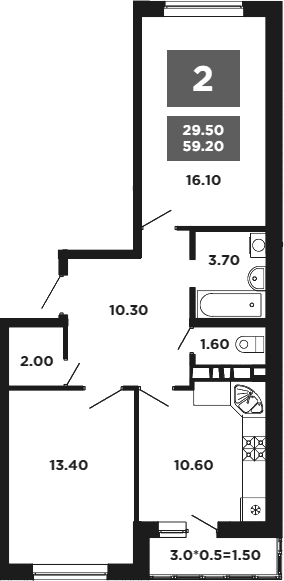 2-комн., 57.7 м², 12/14 этаж, ЖК «НЕО-квартал Красная площадь»