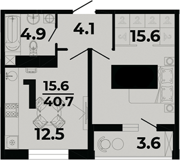 1-комн., 33.8 м², 1/8 этаж, ЖК «Горячий»