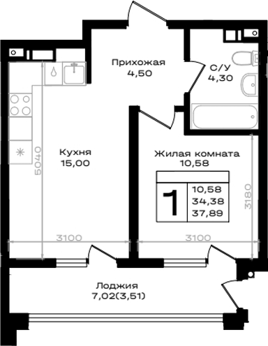 1-комн., 34.38 м², 5/9 этаж, ЖК «ЮЖНО»