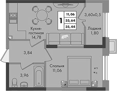 1-комн., 33.64 м², 9/9 этаж, ЖК «Зеленая территория»