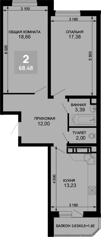 2-комн., 66.66 м², 11/19 этаж, ЖК «Лучший»
