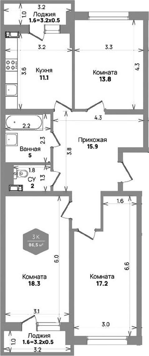 3-комн., 83.3 м², 9/21 этаж, ЖК «Бауинвест»