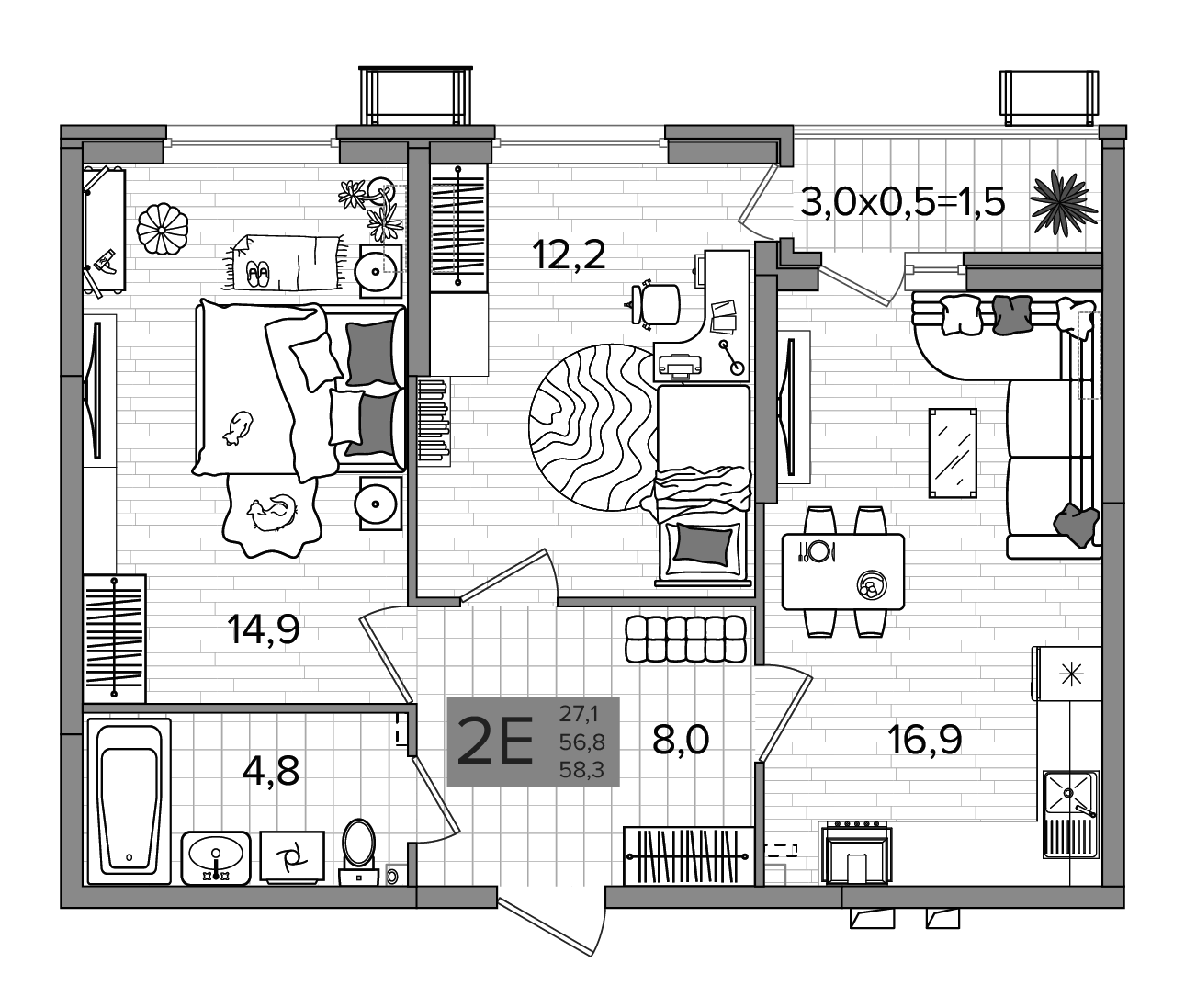 3-комн., 56.8 м², 2/16 этаж, ЖК «Сармат»