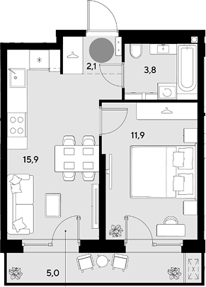 1-комн., 33.7 м², 2/18 этаж, ЖК «Грейд»