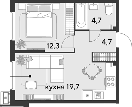 2-комн., 41.4 м², 2/9 этаж, ЖК «Парк Победы»