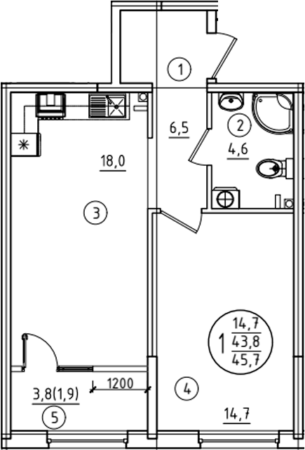 1-комн., 43.8 м², 2/9 этаж, ЖК «Барса»
