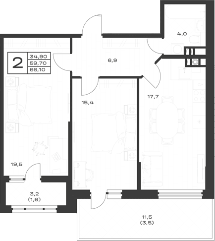 2-комн., 64.2 м², 1/4 этаж, ЖК «ЭкоСфера. ГК Во-первых»
