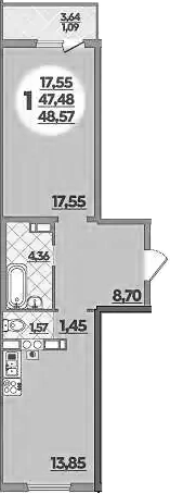 1-комн., 47.48 м², 5/5 этаж, ЖК «Тихорецк»