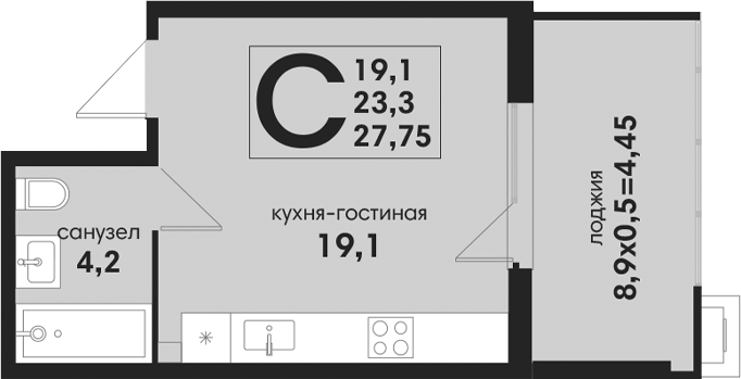 Студия, 23.3 м², 1/4 этаж, ЖК «Новая Елизаветка»