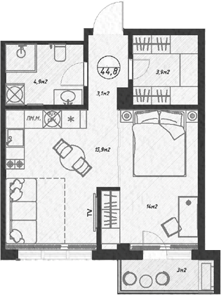 2-комн., 43.3 м², 2/7 этаж, ЖК «Оливия»