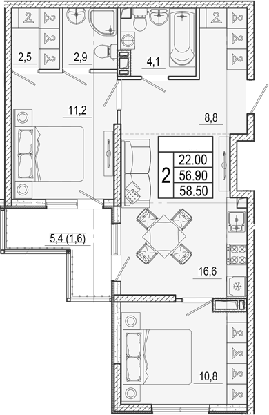 3-комн., 56.9 м², 15/17 этаж, ЖК «Лестория»