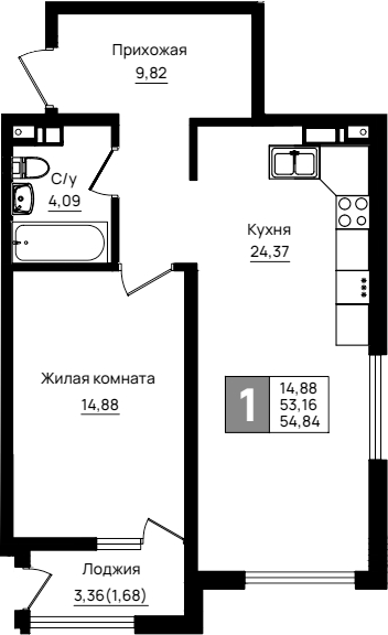 1-комн., 53.16 м², 7/9 этаж, ЖК «Резиденция морей»