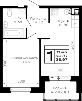 Продается 1-комн. квартира, 34.87 м²