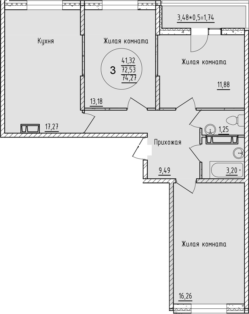 3-комн., 72.53 м², 13/19 этаж, ЖК «Друг»
