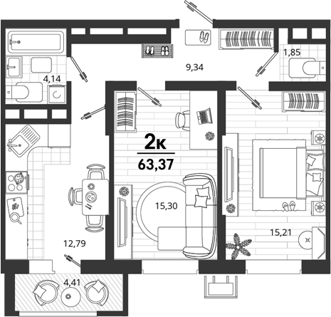 2-комн., 58.96 м², 12/18 этаж, ЖК «Родные Просторы»