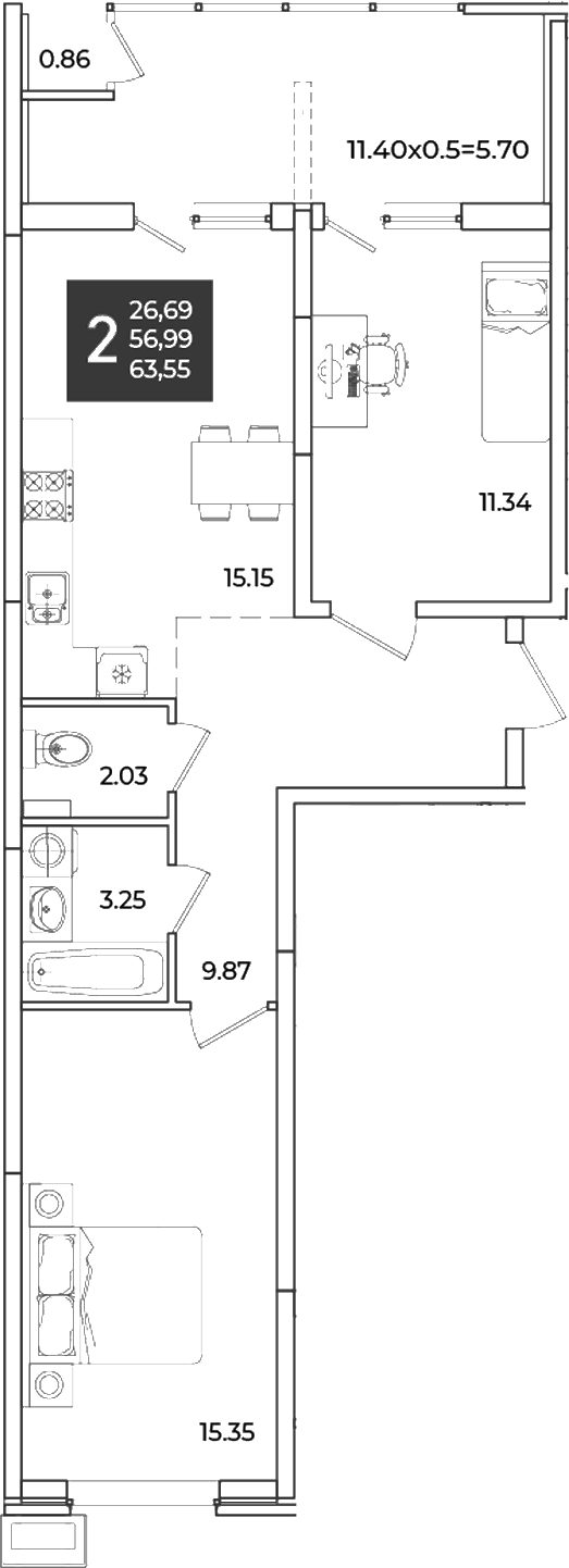Продается 2-комн. квартира, 56.99 м²