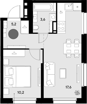 2-комн., 36.6 м², 6/18 этаж, ЖК «Грейд»