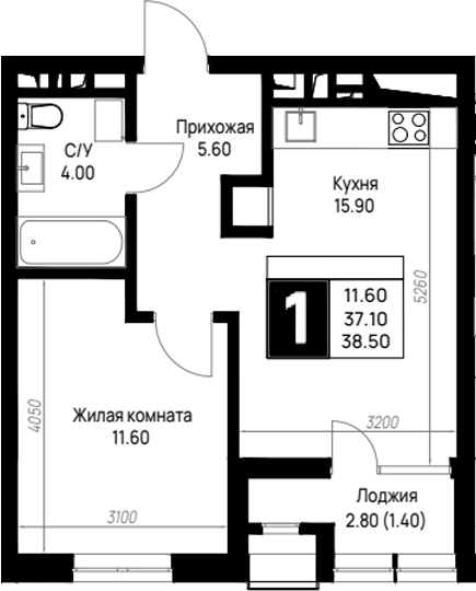 1-комн., 37.1 м², 9/9 этаж, ЖК «На высоком берегу»