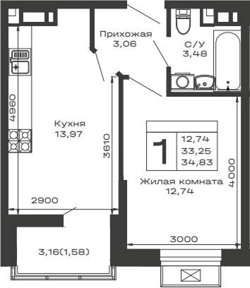 1-комн., 33.25 м², 10/16 этаж, ЖК «Долина»