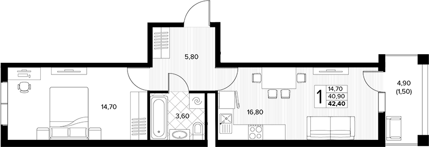 1-комн., 40.9 м², 3/7 этаж, ЖК «Кипарис»