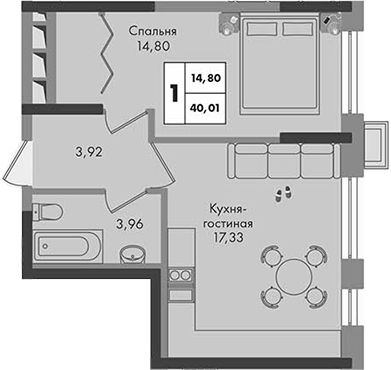 1-комн., 40.01 м², 4/9 этаж, ЖК «Зеленая территория»