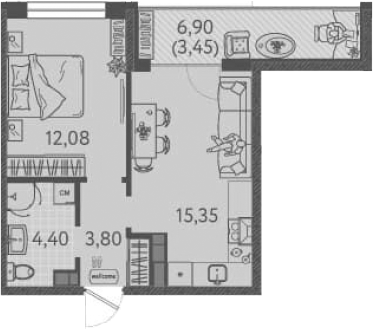 1-комн., 35.63 м², 7/9 этаж, ЖК «Друзья»