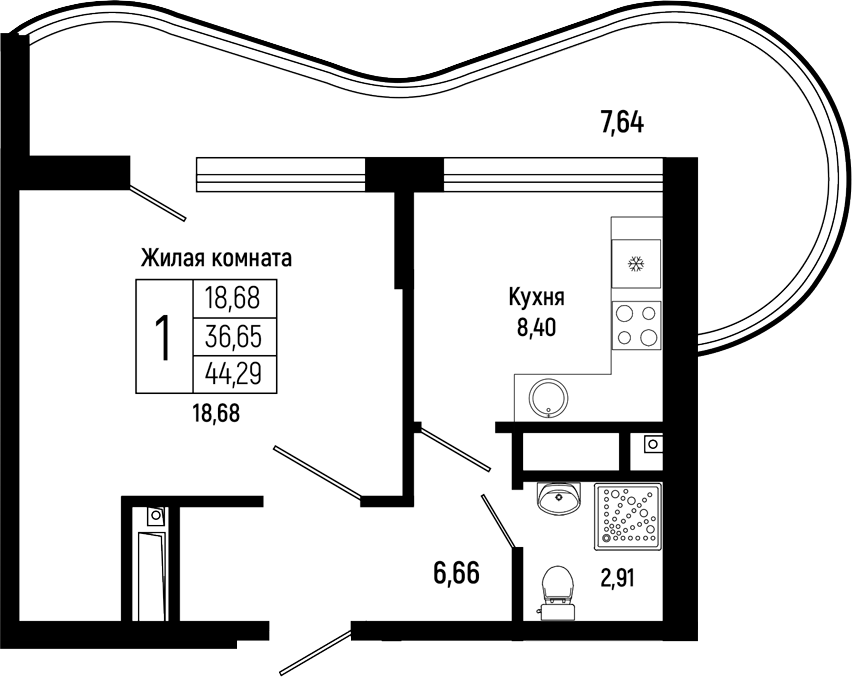 1-комн., 36.56 м², 12/16 этаж, ЖК «Sun Hills Ольгинка»