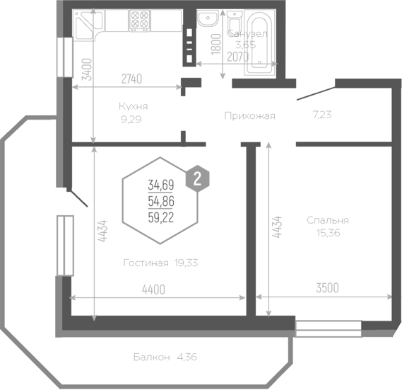 2-комн., 54.14 м², 19/19 этаж, ЖК «Черкасская»