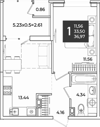 1-комн., 33.5 м², 5/18 этаж, ЖК «Образцово»