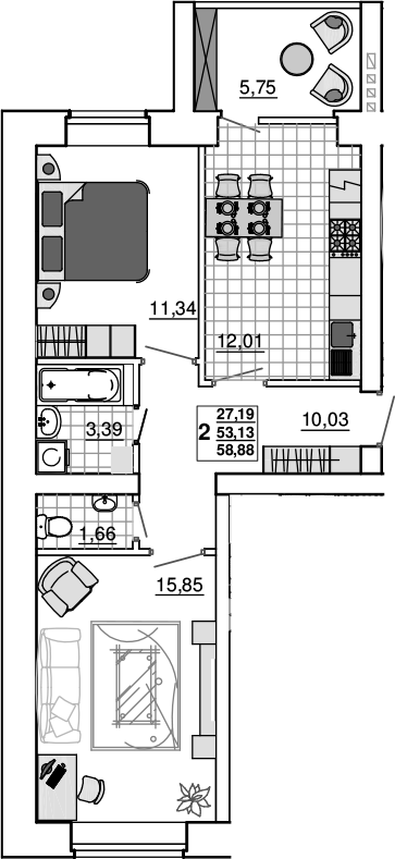 2-комн., 53.13 м², 3/5 этаж, ЖК «Новый Город. СЗ Премьерстрой»