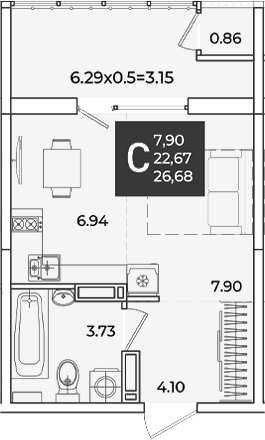 Студия, 22.67 м², 16/18 этаж, ЖК «Образцово»