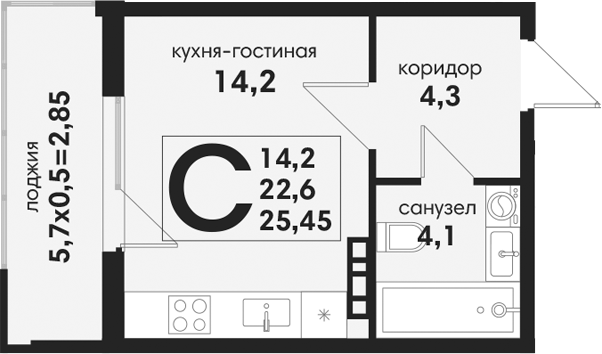 Студия, 22.6 м², 4/4 этаж, ЖК «Новая Елизаветка»