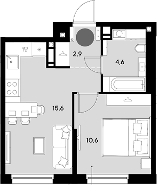 2-комн., 33.7 м², 13/16 этаж, ЖК «Грейд»
