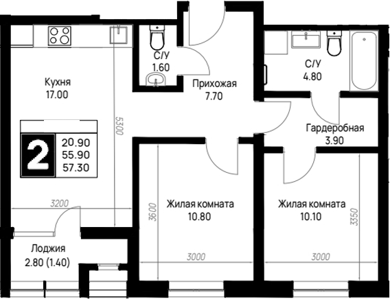Продается 2-комн. квартира, 55.9 м²