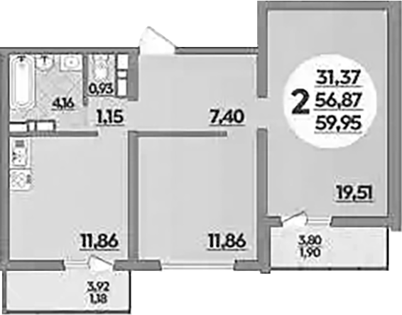2-комн., 56.87 м², 5/9 этаж, ЖК «Предгорье Лаго-Наки»