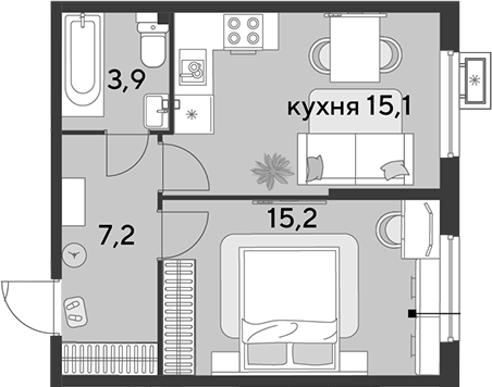 2-комн., 41.4 м², 2/9 этаж, ЖК «Парк Победы»