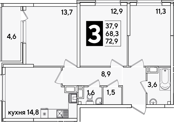 3-комн., 68.3 м², 10/16 этаж, ЖК «Самолет»