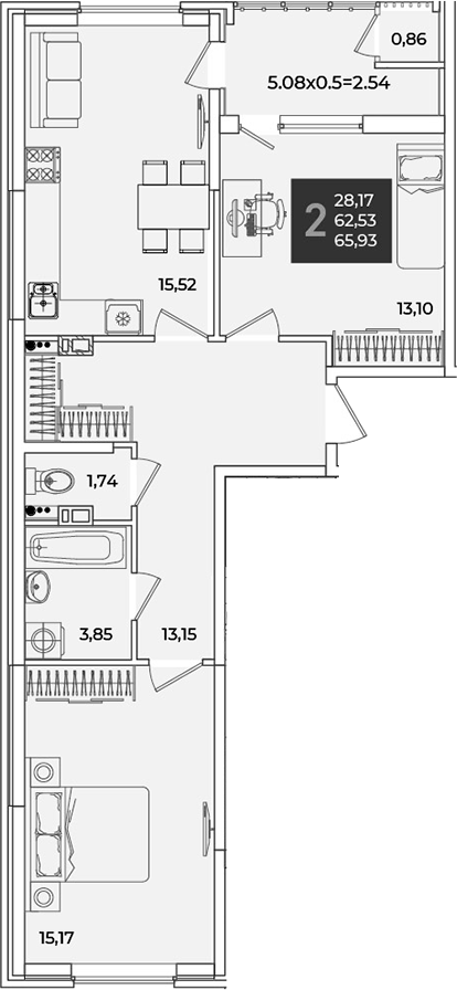 2-комн., 63.39 м², 3/18 этаж, ЖК «Образцово»