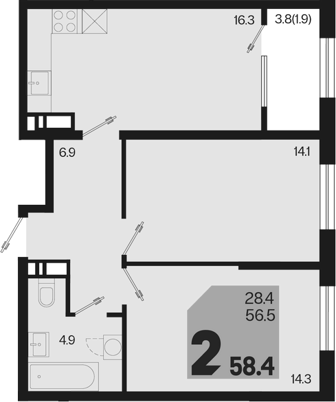 3-комн., 56.5 м², 13/18 этаж, ЖК «Первое место»