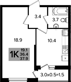 1-комн., 36.4 м², 2/16 этаж, ЖК «Сармат»