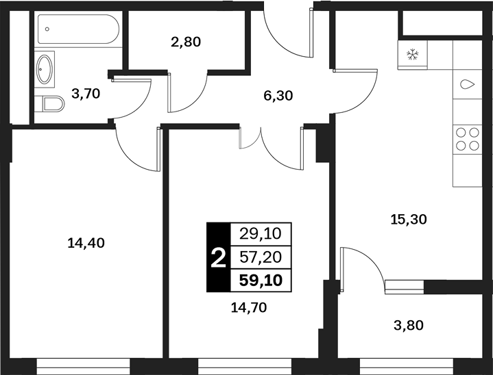 2-комн., 57.2 м², 9/14 этаж, ЖК «Аксис Патриот»