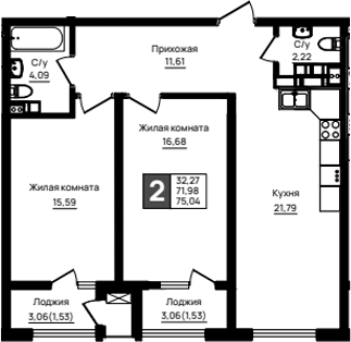 Продается 2-комн. квартира, 71.98 м²