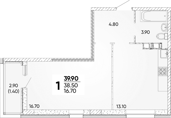 1-комн., 38.56 м², 5/18 этаж, ЖК «Архитектор. ГК ЮгСтройИнвест»