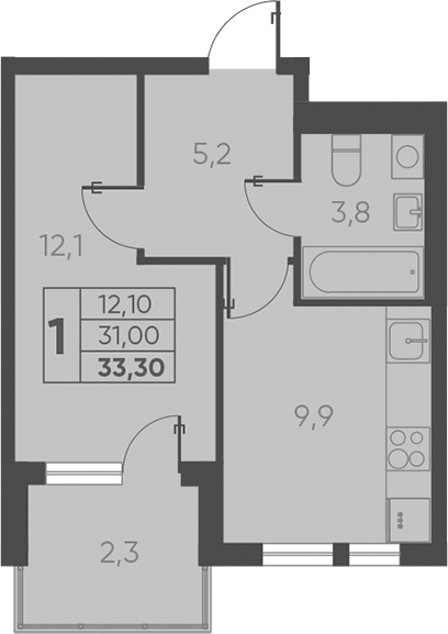1-комн., 31 м², 9/15 этаж, ЖК «Барса»