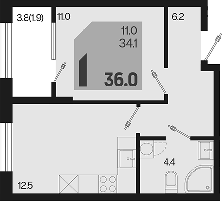 1-комн., 34.1 м², 2/18 этаж, ЖК «Первое место»