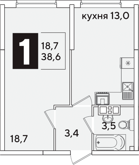1-комн., 38.6 м², 3/16 этаж, ЖК «Самолет»