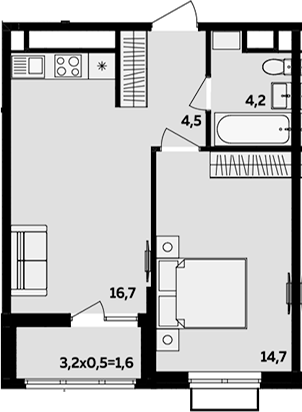 2-комн., 40.1 м², 2/16 этаж, ЖК «МегаСити»