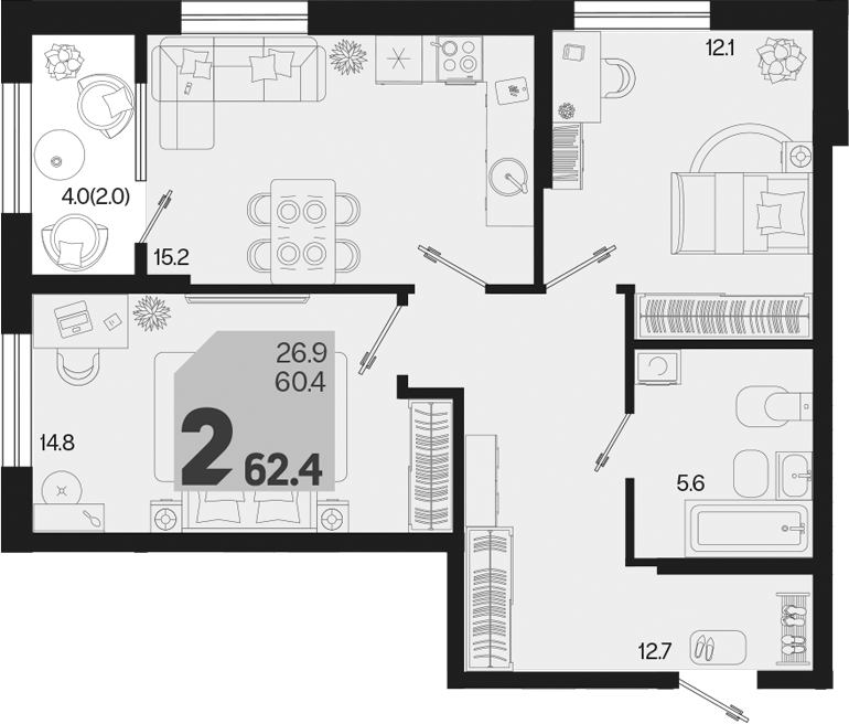 2-комн., 60.4 м², 2/18 этаж, ЖК «Первое место»