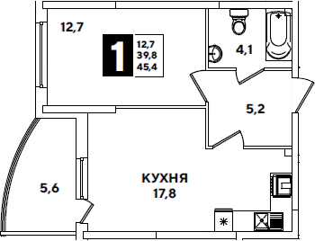1-комн., 39.8 м², 2/16 этаж, ЖК «Самолет»