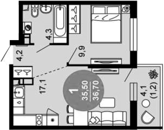 2-комн., 35.5 м², 11/12 этаж, ЖК «Флора»